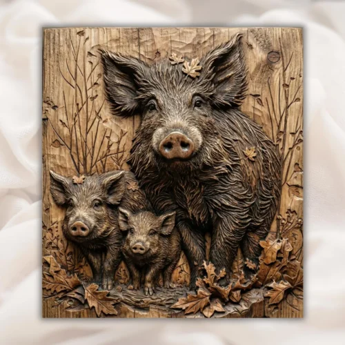 Wild Boar Family Relief -Mama Hog & Piglets Woodland