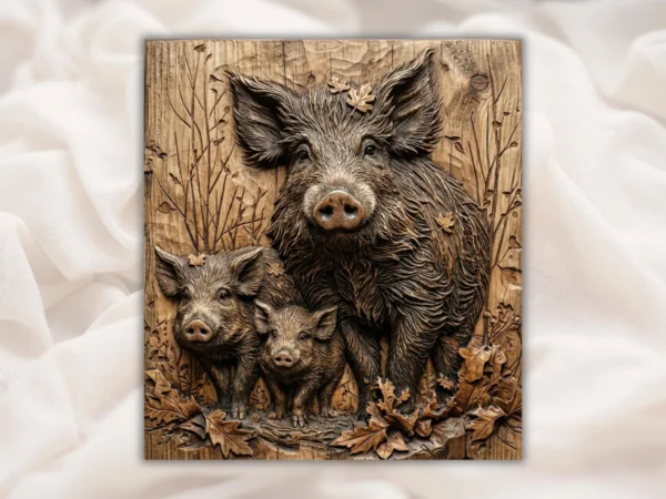 Wild Boar Family Relief -Mama Hog & Piglets Woodland