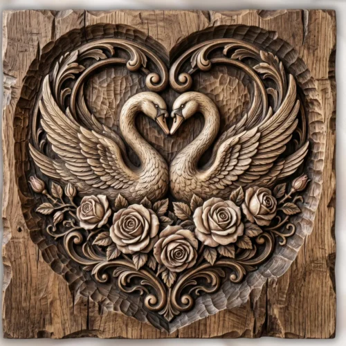 Swan Lovers Heart -Wedding Rose Relief Carving Swan Lovers Heart -Wedding Rose Relief Carving