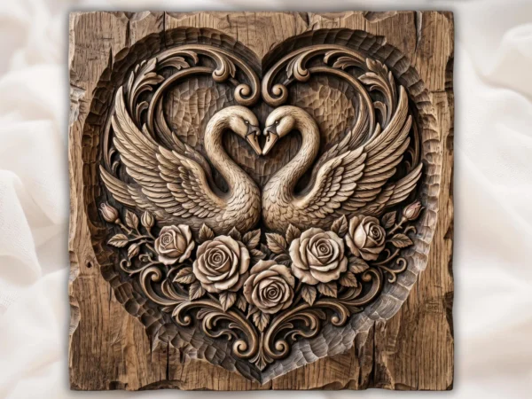 Swan Lovers Heart -Wedding Rose Relief Carving