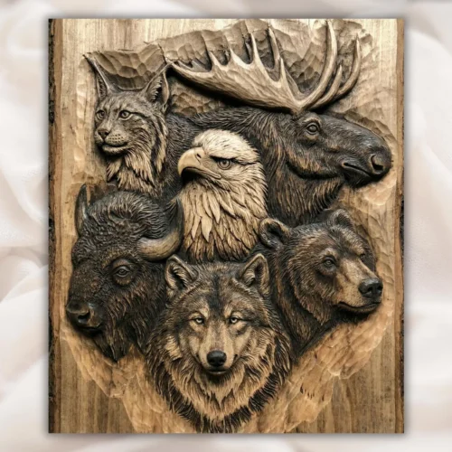 Wildlife Animals -Wolf Bear Eagle Moose Lynx Buffalo Panel