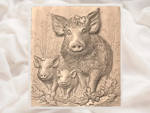 Wild Boar Family Relief -Mama Hog & Piglets Woodland