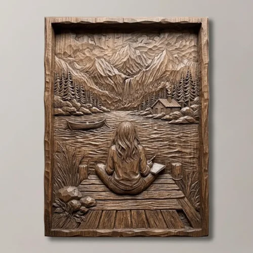 Girl at Mountain Lake Scene