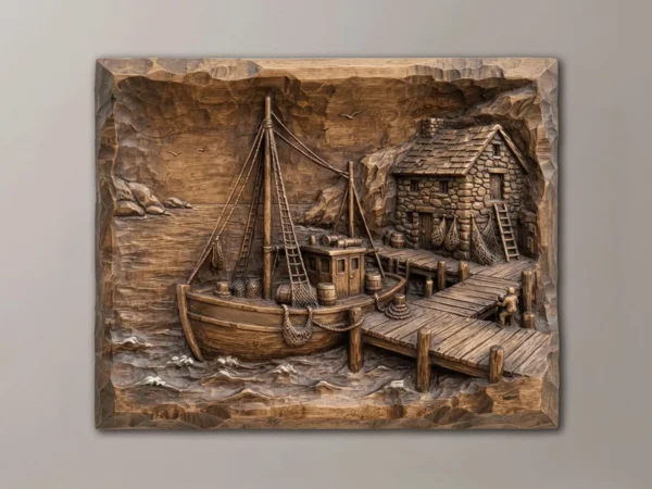 Fishing Boat & Stone Cottage 3D Relief