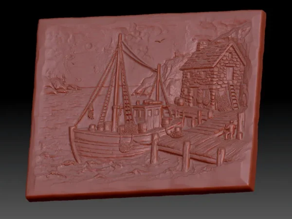 Fishing Boat & Stone Cottage 3D Relief