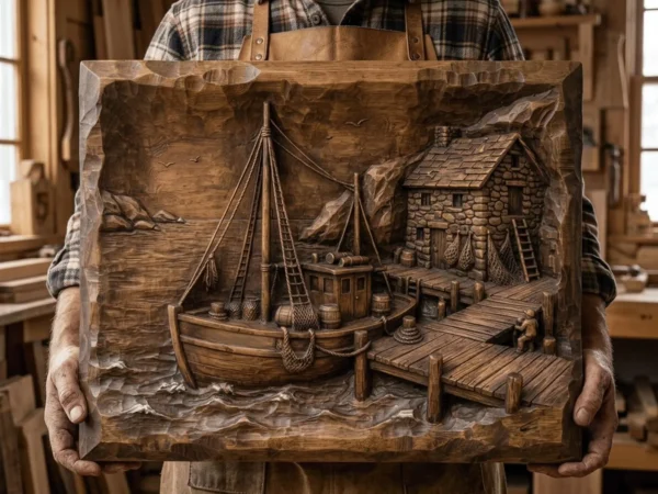 Fishing Boat & Stone Cottage 3D Relief