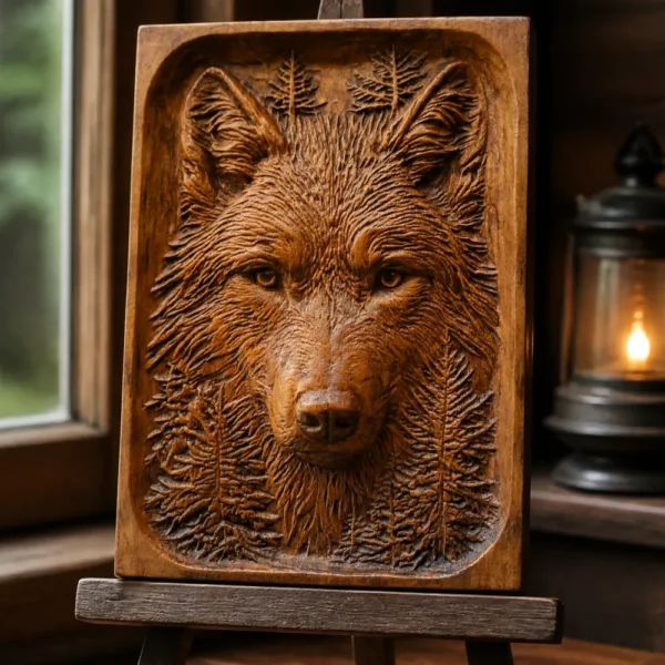 Wolf in the Forest – Wooden Relief Vlk v lese